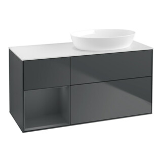 V&B Meuble sous lavabo Finion 120 cm, blanc mat, face médium laqué, médium bleu laqué
