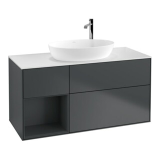 V&B Meuble sous lavabo Finion 120 cm, blanc mat, face médium mat laqué, médium bleu mat laqué
