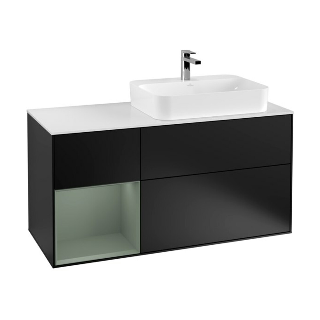 V&B Meuble sous lavabo Finion 120 cm, blanc mat, face olivier mat laqué, bleu mat laqué