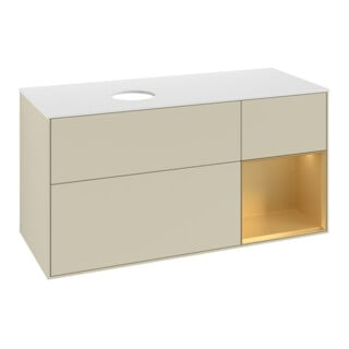 V&B Meuble sous lavabo Finion 120 cm, blanc mat, face or mat laqué, côtés gris mat laqué