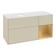 V&B Meuble sous lavabo Finion 120 cm, blanc mat, face or mat laqué, côtés gris mat laqué