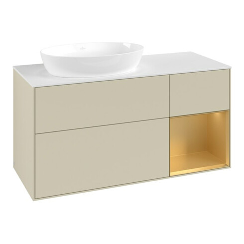 V&B Meuble sous lavabo Finion 120 cm, blanc mat, face or mat laqué, côtés gris mat laqué