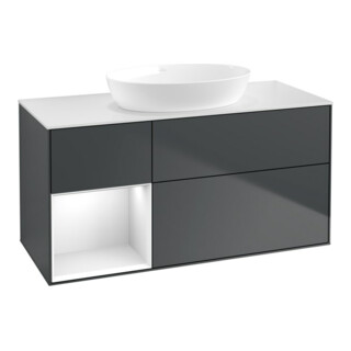 V&B Meuble sous-lavabo Finion 120 cm, blanc mat, gris laqué, poignée bleue laquée
