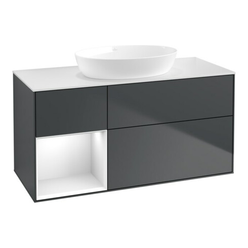 V&B Meuble sous-lavabo Finion 120 cm, blanc mat, gris laqué, poignée bleue laquée