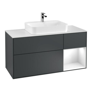 V&B Meuble sous lavabo Finion 120 cm, blanc mat, laqué, avec miroir bleu