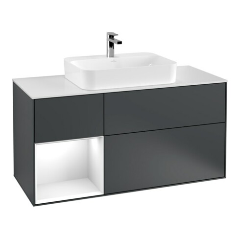 V&B Meuble sous lavabo Finion 120 cm, blanc mat, laqué, avec miroir, bleu mat