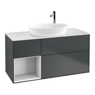 V&B Meuble sous-lavabo Finion 120 cm, blanc mat, laqué blanc brillant, avec miroir laqué