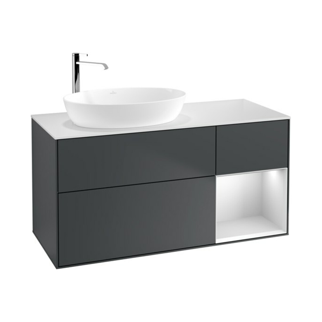 V&B Meuble sous lavabo Finion 120 cm, blanc mat, laqué blanc mat, poignée bleue mat laqué