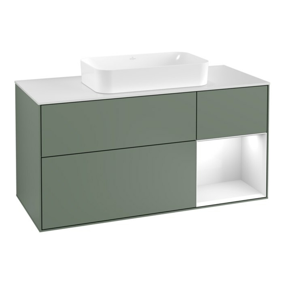 V&B Meuble sous lavabo Finion 120 cm, blanc mat, laqué brillant, olivier mat laqué