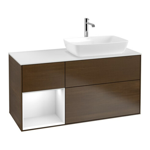V&B Meuble sous lavabo Finion 120 cm, blanc mat, laqué, noyer veneer