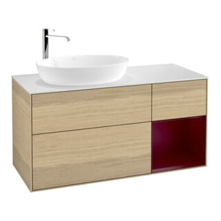 V&B Meuble sous lavabo Finion 120 cm, blanc mat, miroir avec éclairage mural, poignée laquée, finition veinée