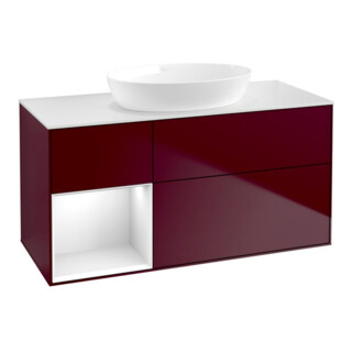 V&B Meuble sous lavabo Finion 120 cm, blanc mat, miroir lumineux blanc laqué, poignée métal