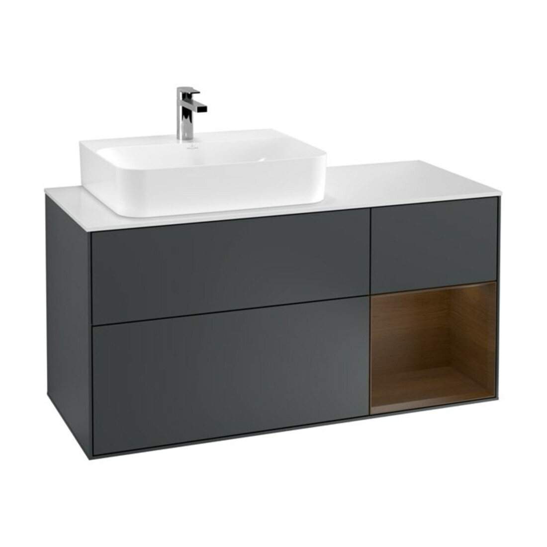 V&B Meuble sous lavabo Finion 120 cm, blanc mat, noyer rouge, avec miroir laqué mat