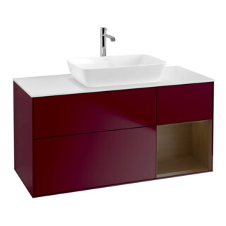 V&B Meuble sous-lavabo Finion 120 cm, blanc mat, placage noyer, poignée métal