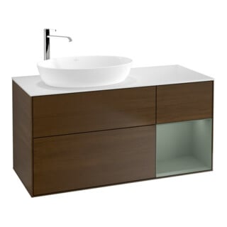 V&B Meuble sous lavabo Finion 120 cm, blanc mat, plan de toilette huilé, noyer veinée