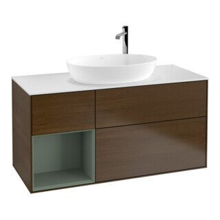 V&B Meuble sous-lavabo Finion 120 cm, blanc mat, plan de toilette huilé, placage noyer