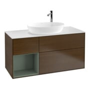 V&B Meuble sous-lavabo Finion 120 cm, blanc mat, plan de toilette huilé, placage noyer