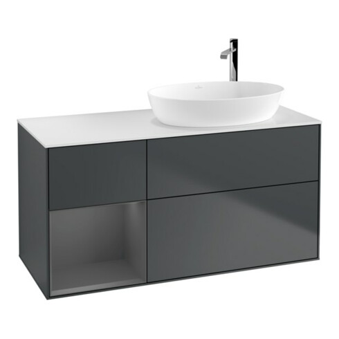 V&B Meuble sous-lavabo Finion 120 cm, Blanc mat, Poignée aluminium mat, avec éclairage mural