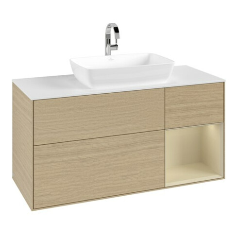 V&B Meuble sous lavabo Finion 120 cm, blanc mat, poignée argent mat, finition laquée, ouverture ventouse