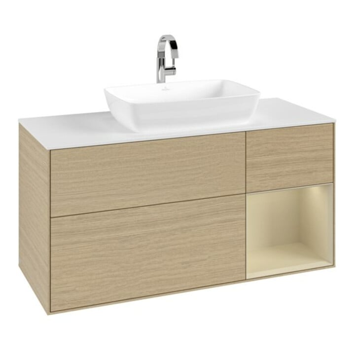 V&B Meuble sous lavabo Finion 120 cm, blanc mat, poignée argent mat, finition laquée, ouverture ventouse