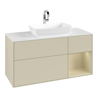V&B Meuble sous-lavabo Finion 120 cm, blanc mat, poignée argent mat, laqué gris clair mat