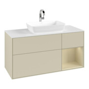 V&B Meuble sous-lavabo Finion 120 cm, blanc mat, poignée argent mat, laqué gris clair mat