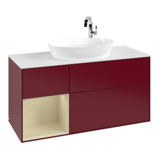 V&B Meuble sous lavabo Finion 120 cm, blanc mat, poignée argent mat, laqué, miroir avec éclairage