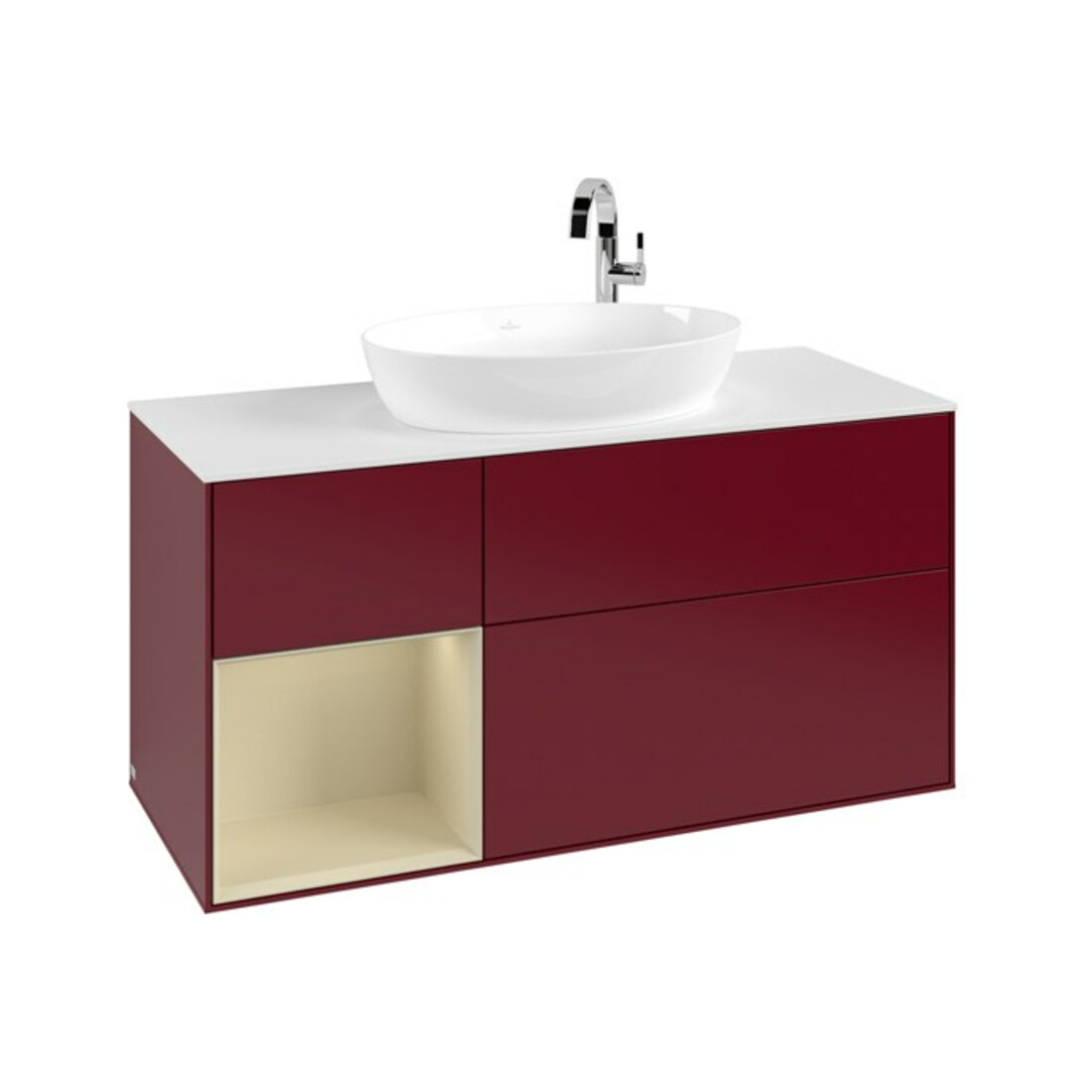 V&B Meuble sous lavabo Finion 120 cm, blanc mat, poignée argent mat, laqué, miroir avec éclairage