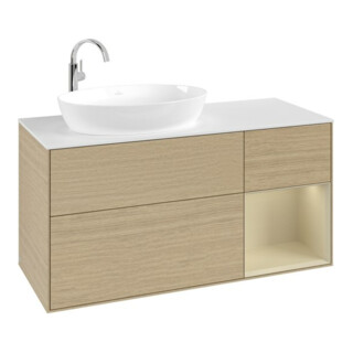 V&B Meuble sous-lavabo Finion 120 cm, blanc mat, poignée argent mat, laqué, ouverture à glissière