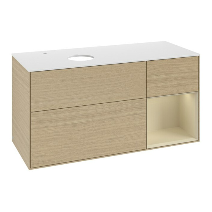 V&B Meuble sous-lavabo Finion 120 cm, blanc mat, poignée argent mat, laqué, ouverture à glissière
