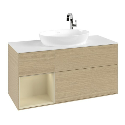 V&B Meuble sous lavabo Finion 120 cm, blanc mat, poignée argent mat, laqué, ouverture ven