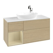 V&B Meuble sous lavabo Finion 120 cm, blanc mat, poignée argent mat, laqué, ouverture ven