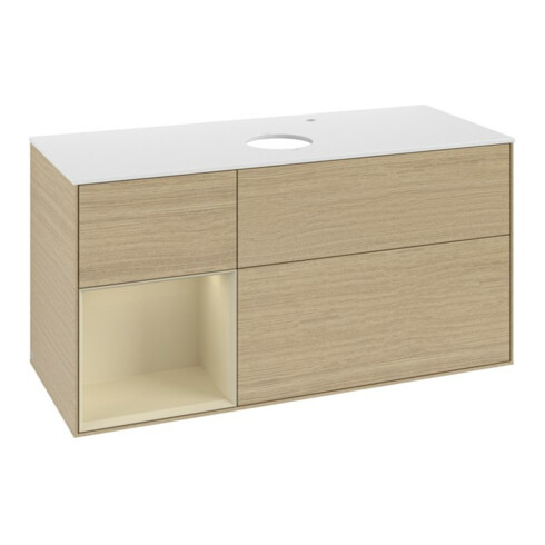 V&B Meuble sous lavabo Finion 120 cm, blanc mat, poignée argent mat, laqué, ouverture ven