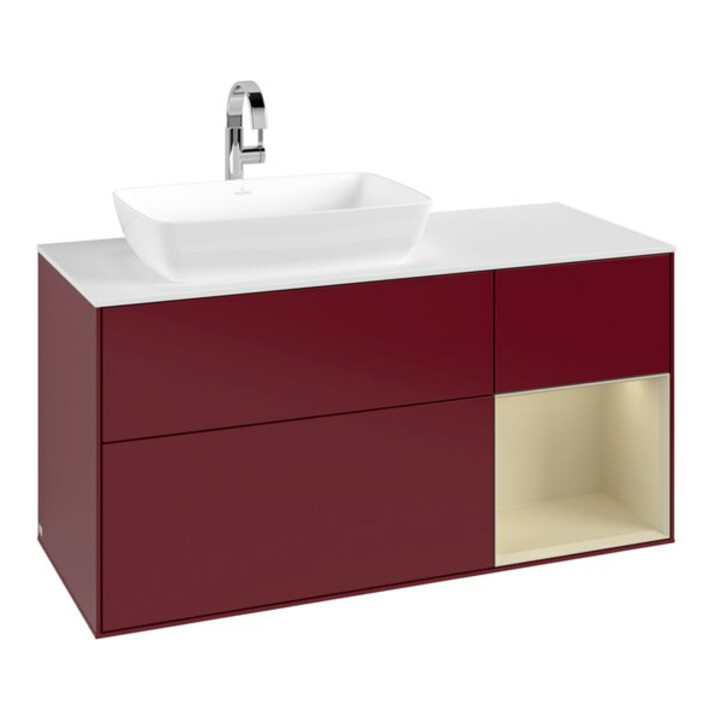 V&B Meuble sous lavabo Finion 120 cm, blanc mat, poignée argent mat, laqué, Peo m