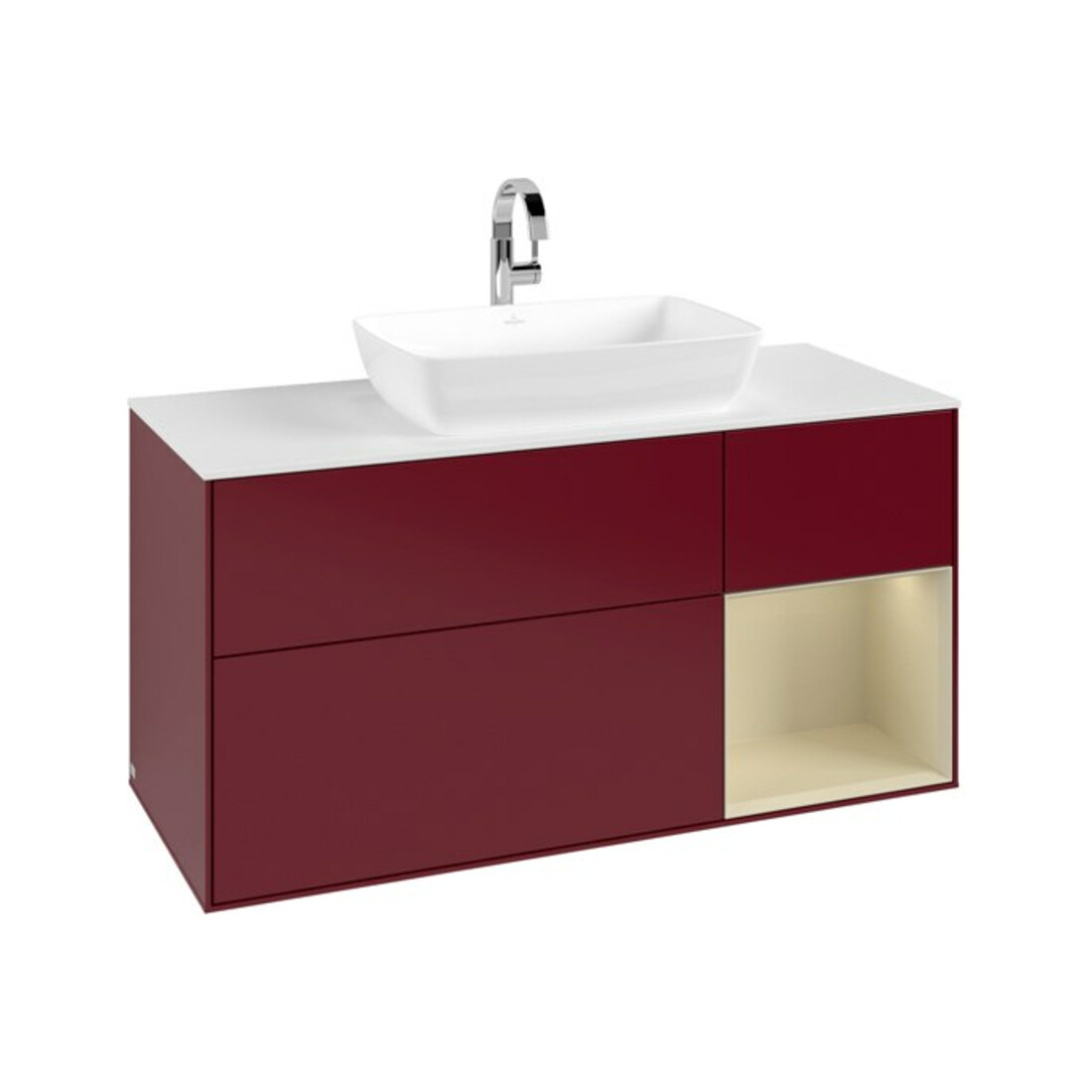 V&B Meuble sous lavabo Finion 120 cm, blanc mat, poignée argent mat, laqué, pieds mat