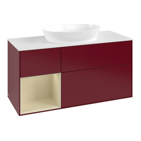 V&B Meuble sous lavabo Finion 120 cm, blanc mat, poignée argent mat, laqué, Pieds métal