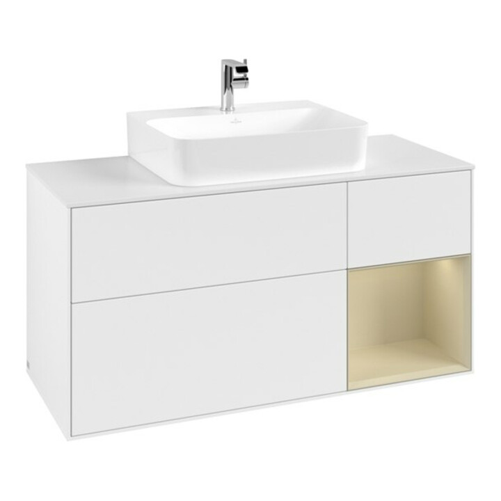 V&B Meuble sous lavabo Finion 120 cm, blanc mat, poignée argent mat laquée, blanc mat