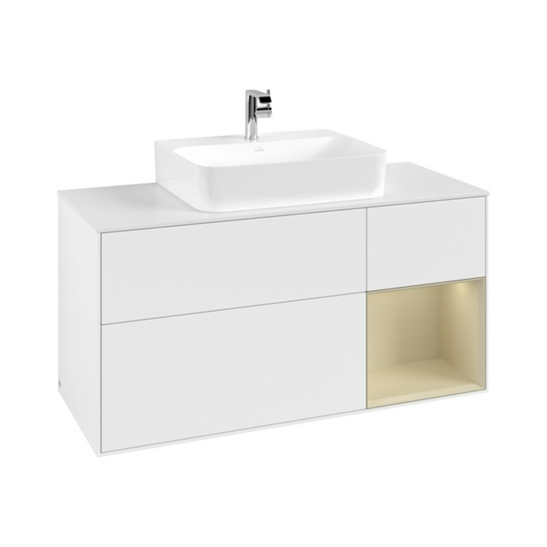 V&B Meuble sous lavabo Finion 120 cm, blanc mat, poignée argent mat laquée, blanc mat