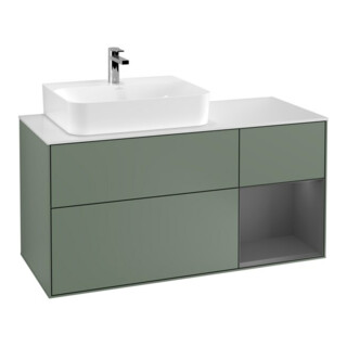 V&B Meuble sous-lavabo Finion 120 cm, blanc mat, poignée argent mat, olivier mat laqué