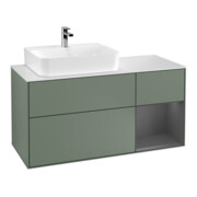 V&B Meuble sous-lavabo Finion 120 cm, blanc mat, poignée argent mat, olivier mat laqué