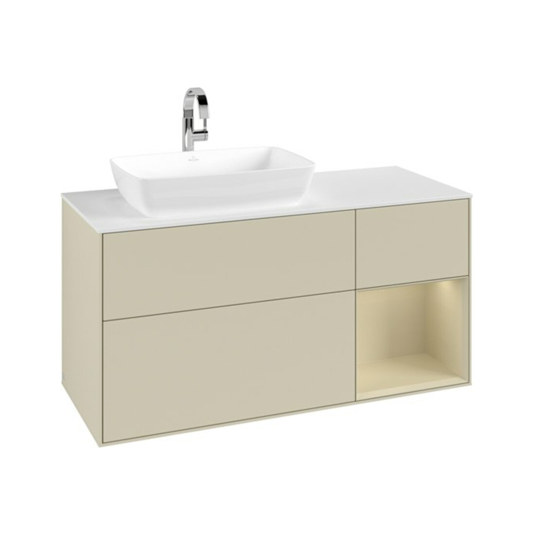 V&B Meuble sous lavabo Finion 120 cm, blanc mat, poignée argent mate laquée, argent gris mat laqué