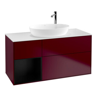 V&B Meuble sous lavabo Finion 120 cm, blanc mat, poignée bleue mate, Peo m