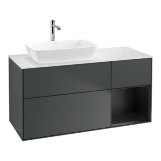V&B Meuble sous lavabo Finion 120 cm, blanc mat, poignée brossée mat, méd. bleu mat