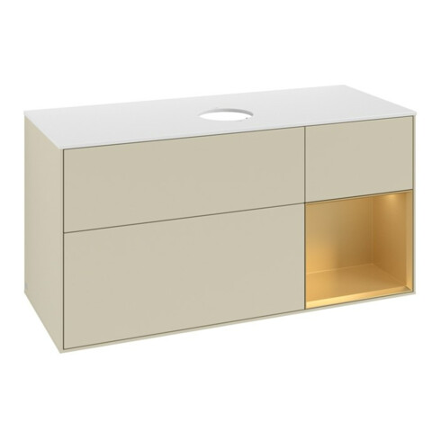 V&B Meuble sous-lavabo Finion 120 cm, blanc mat, poignée dorée mate, gris brillant mat