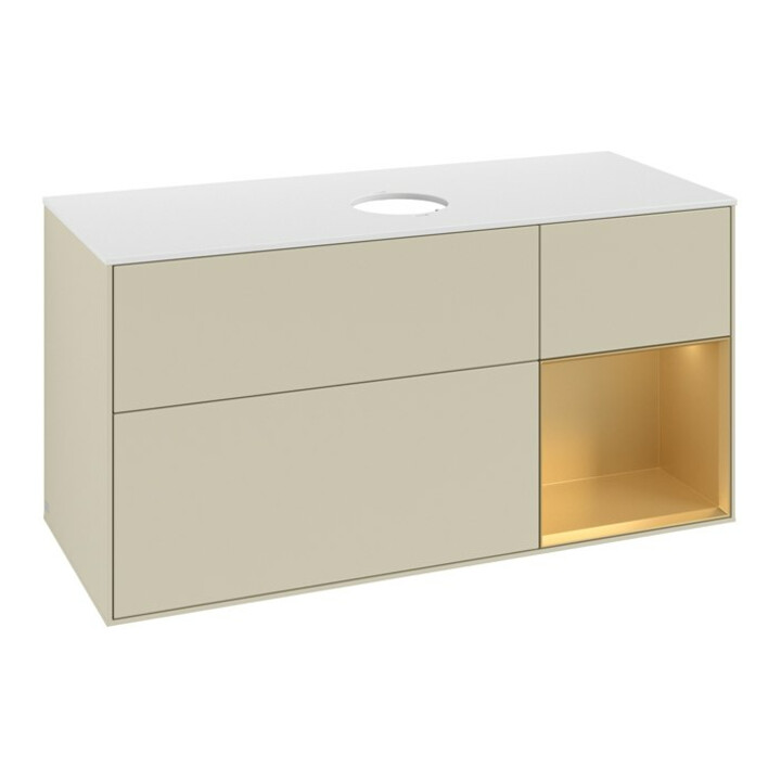 V&B Meuble sous-lavabo Finion 120 cm, blanc mat, poignée dorée mate, gris brillant mat