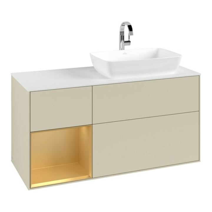 V&B Meuble sous lavabo Finion 120 cm, blanc mat, poignée dorée mate, gris mat lacqué