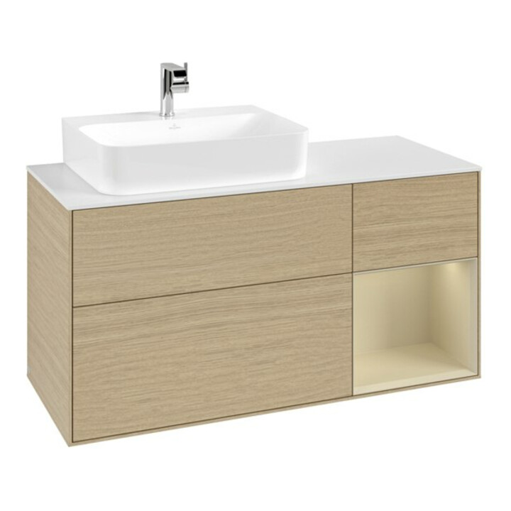 V&B Meuble sous lavabo Finion 120 cm, blanc mat, poignée droite, gris mat laqué, ouverture à glissière
