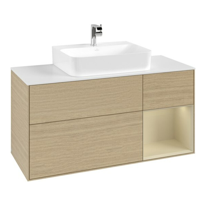 V&B Meuble sous-lavabo Finion 120 cm, blanc mat, poignée droite, gris mat laqué, ouverture à pression