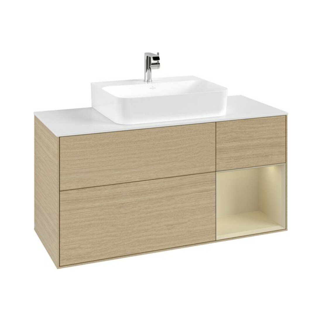 V&B Meuble sous-lavabo Finion 120 cm, blanc mat, poignée droite, gris mat laqué, ouverture à pression
