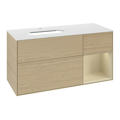 V&B Meuble sous lavabo Finion 120 cm, blanc mat, poignée droite, gris mat laqué, ouverture ven